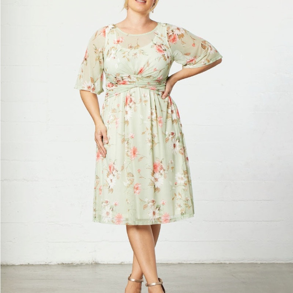 Kiyonna Sage Green Floral Midi Dress with Pink & Cream Blooms